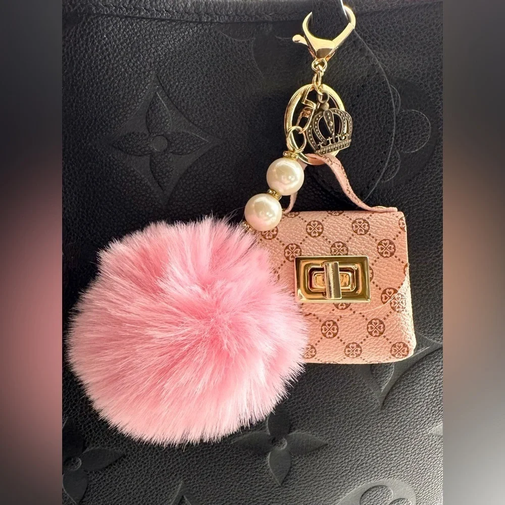 New Pink Faux Leather Mini Bag Purse Charm Keychain w/ Crown Charm & Pom Pom